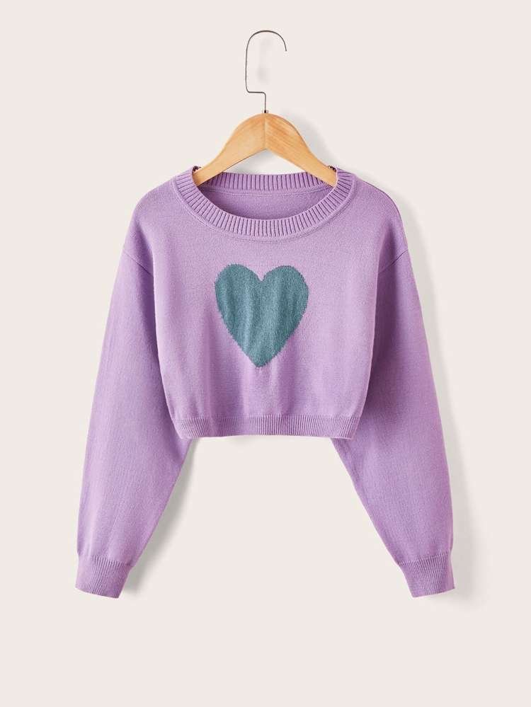 Round Neck Heart Regular Fit Long Sleeve Girls Sweaters 662