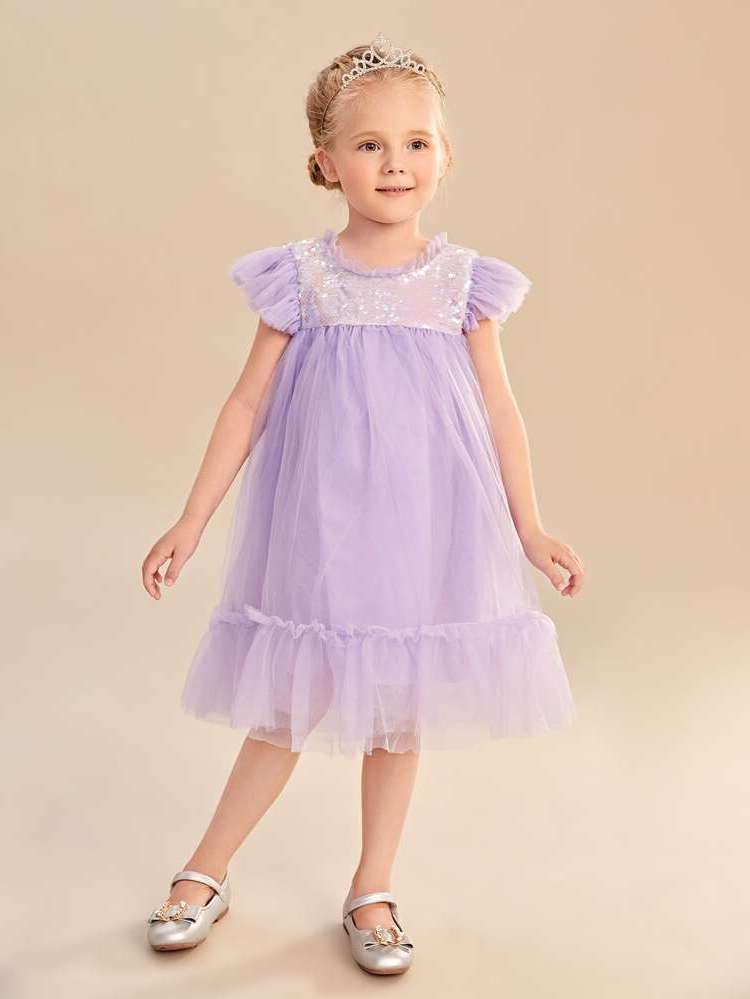 Ruffle Lilac Purple Round Neck Kids Clothing 4436