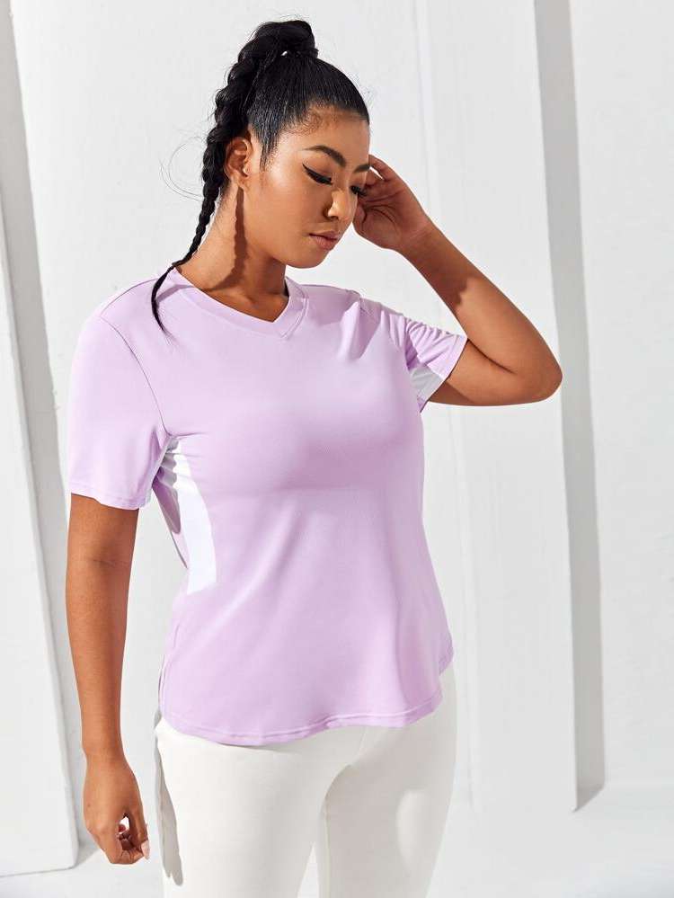  V neck Colorblock Plus Size Sports Tops 3533