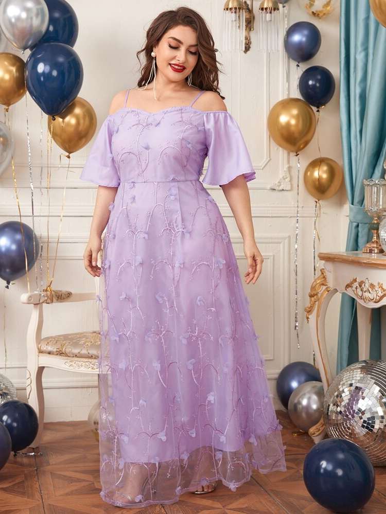 Regular Fit Lilac Purple Maxi Half Sleeve Plus Size Wedding Party Wear 4573