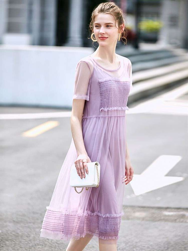 Lilac Purple Plain Frill Women Clothing 1209