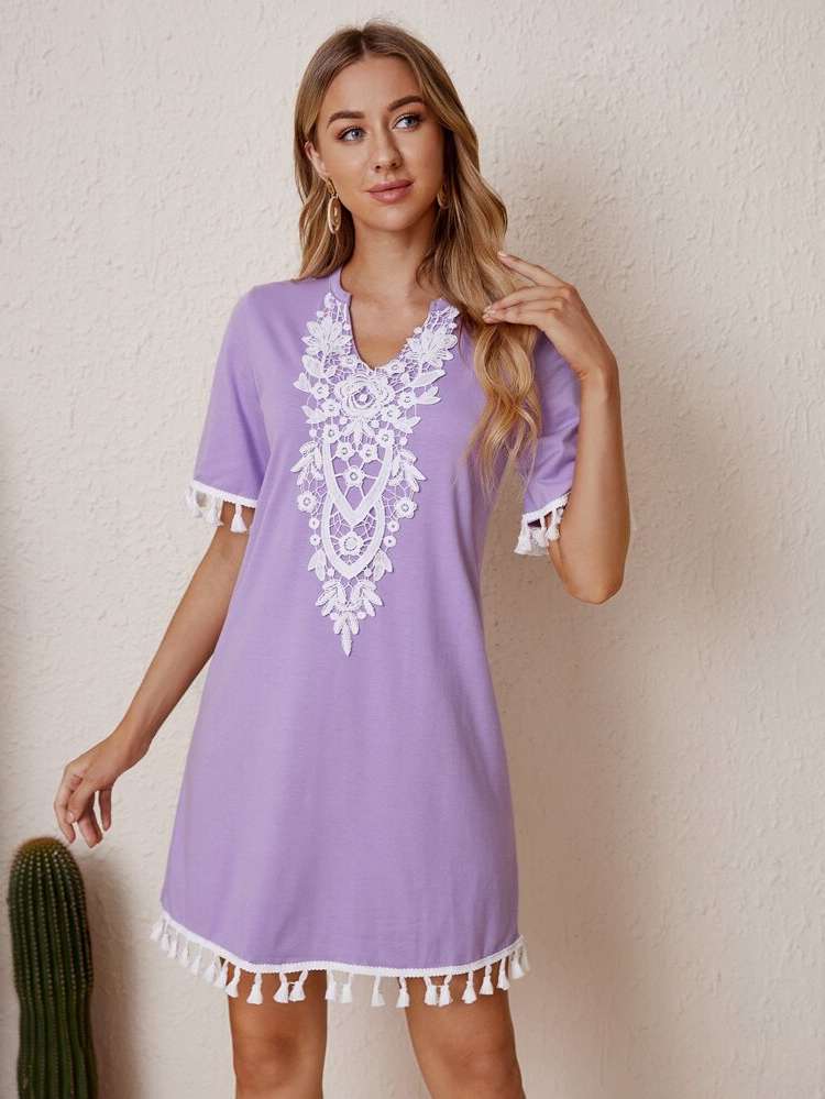 Lilac Purple Contrast Lace Short Sleeve Floral Women Dresses 3191