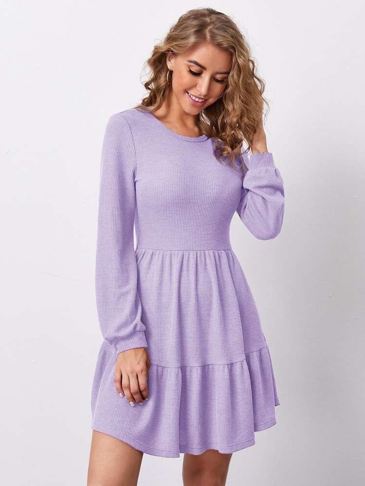  Lilac Purple Round Neck Ruffle Hem Women Dresses 6599