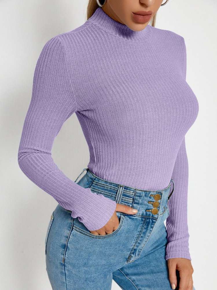 Lilac Purple Slim Fit Basics Women Tops, Blouses  Tee 3083