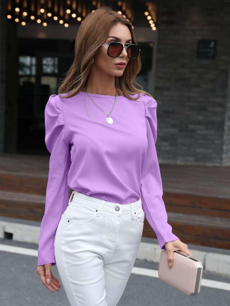 Plain Round Neck Long Sleeve Lilac Purple Women Tops, Blouses  Tee 947