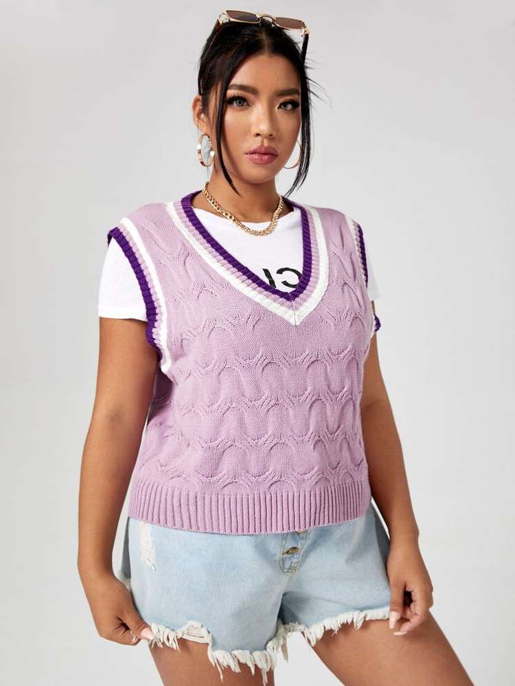  Lilac Purple Casual Sleeveless Plus Size Knitwear 909