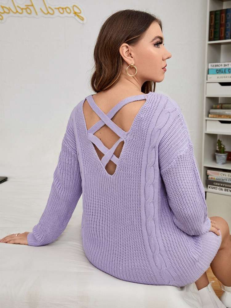 Casual Long Sleeve Short Lilac Purple Plus Size Sweater Dresses 5639