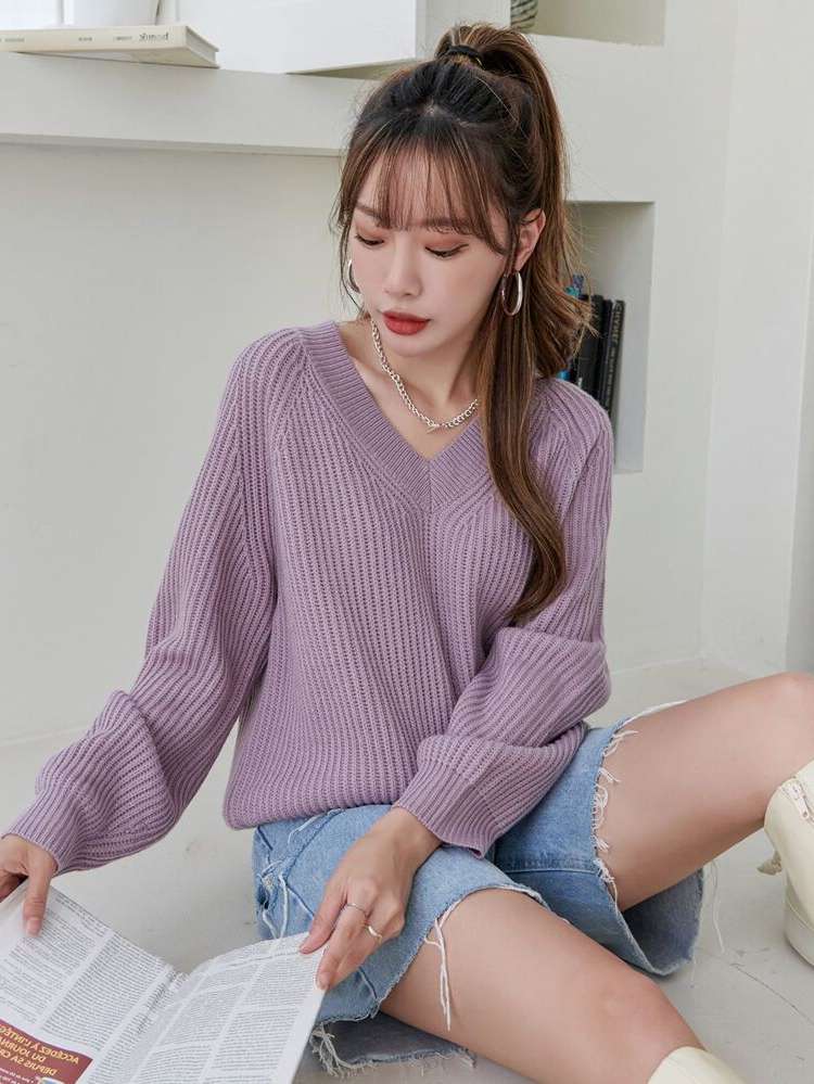 V neck Long Sleeve Lilac Purple Regular Fit Women Sweaters 642