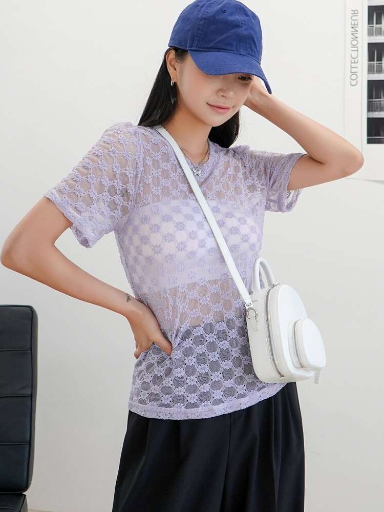 Plain Casual Sheer Lilac Purple Women Tops 3651