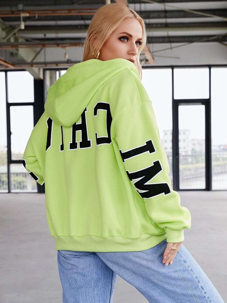 Regular Fit Lime Green Drawstring Long Sleeve Plus Size Sweatshirts 956