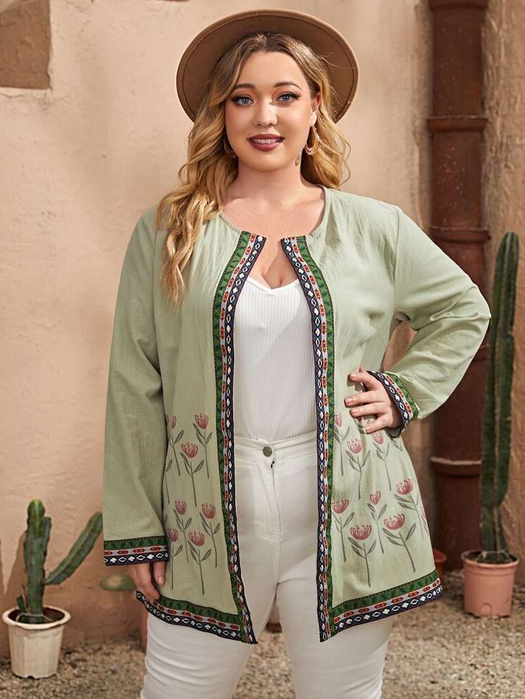 Floral Tape Long Sleeve Plus Size Outerwears 6651