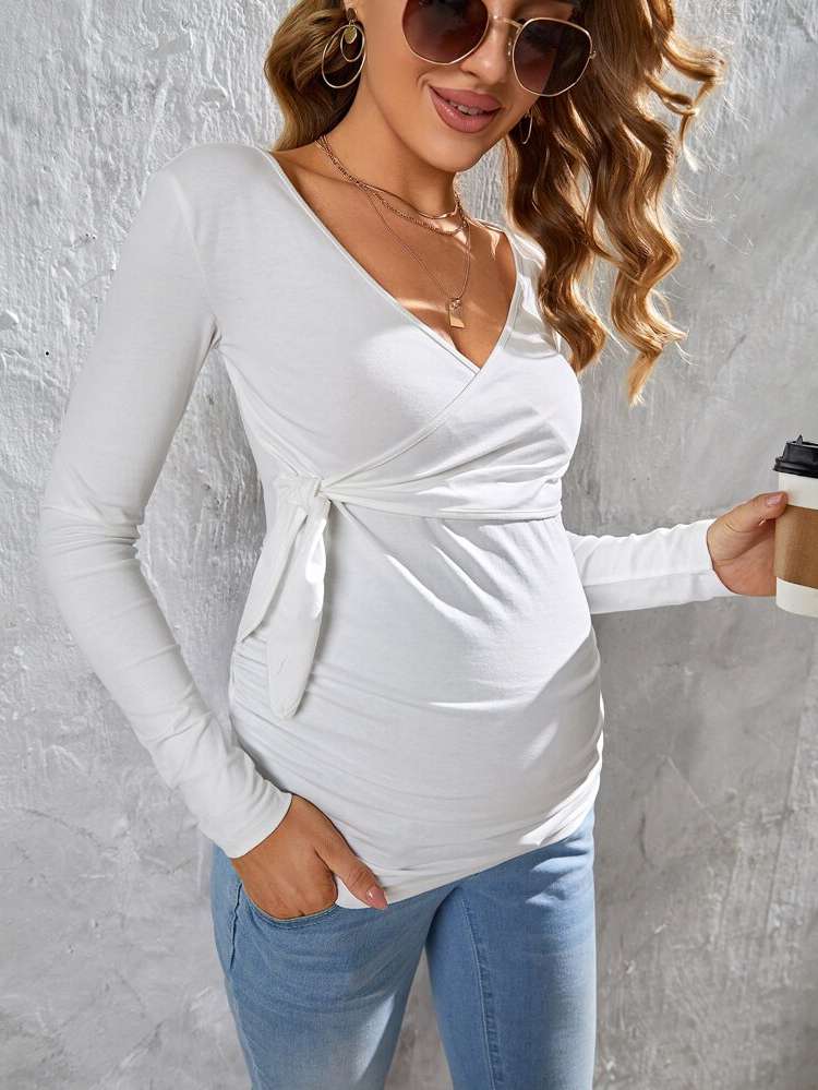 Plain V neck Long Sleeve Maternity T-shirts 2978