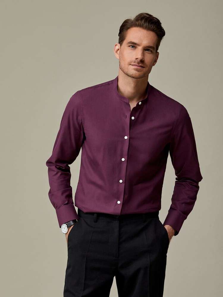 Button Maroon Plain Collar Men Tops 6187