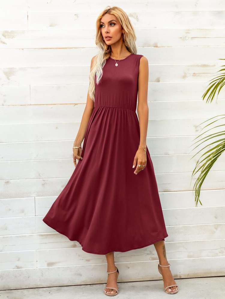 Casual Maroon Round Neck Women Dresses 345