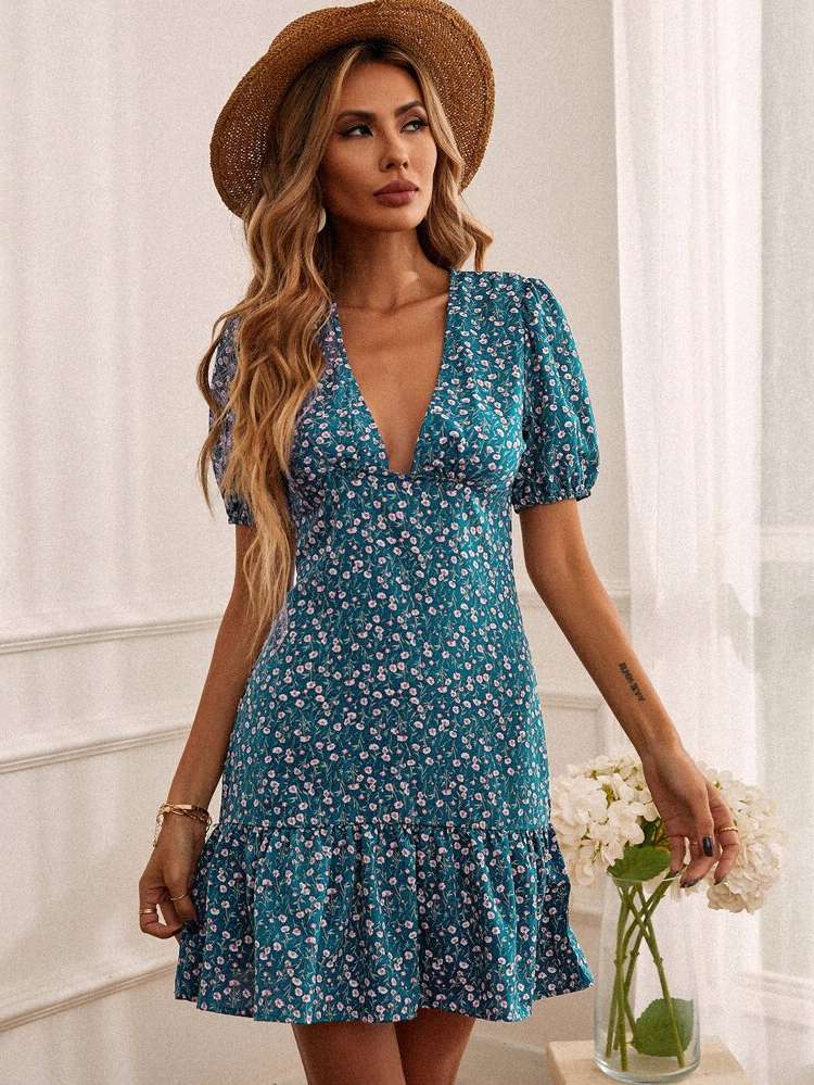 Regular Fit Ruffle Hem Deep V Neck Women Dresses 604