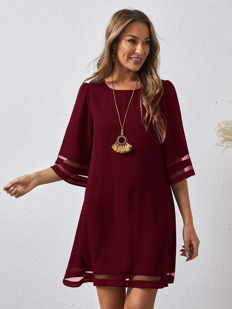  Short Maroon Contrast Mesh Women Dresses 3187