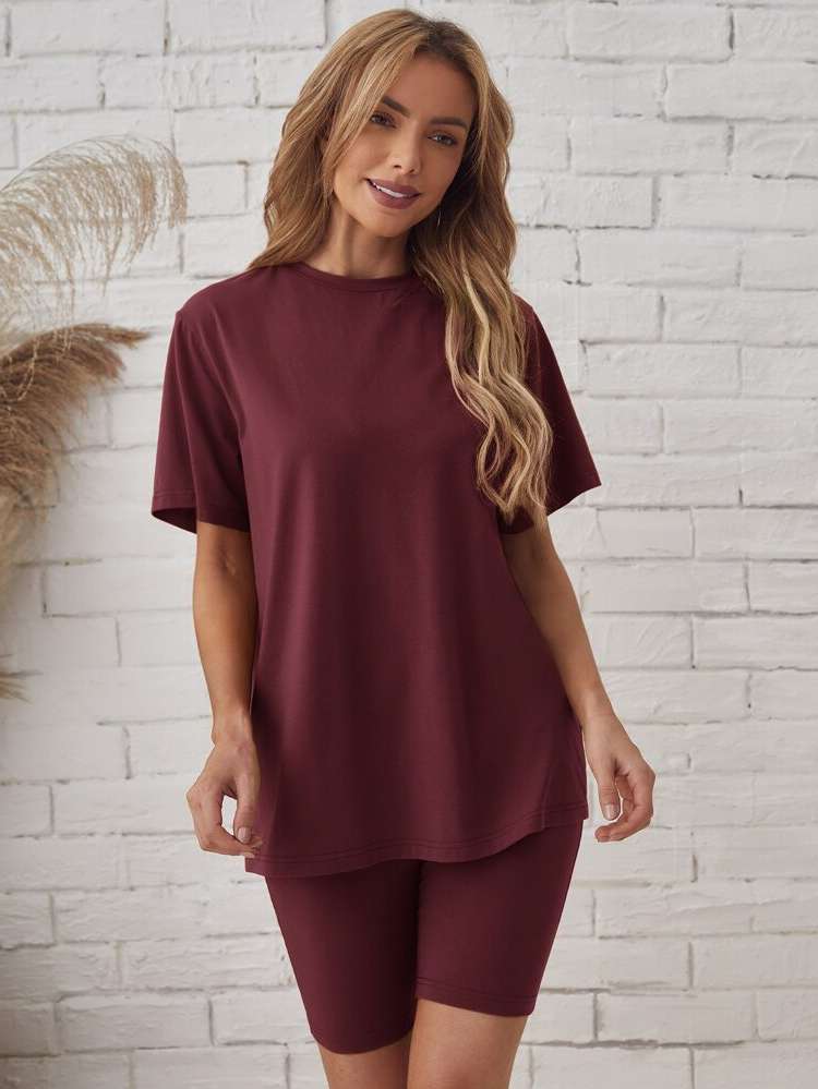 Round Neck Plain Maroon Women Clothing 5351