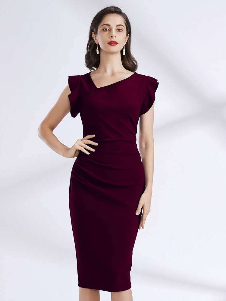 Regular Fit Cap Sleeve Plain Asymmetrical Neck Women Dresses 2784