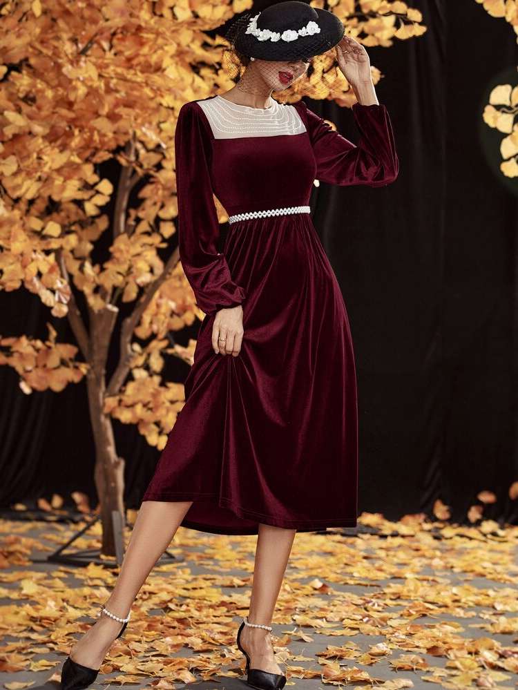 Maroon Colorblock Regular Fit Women Dresses 9914