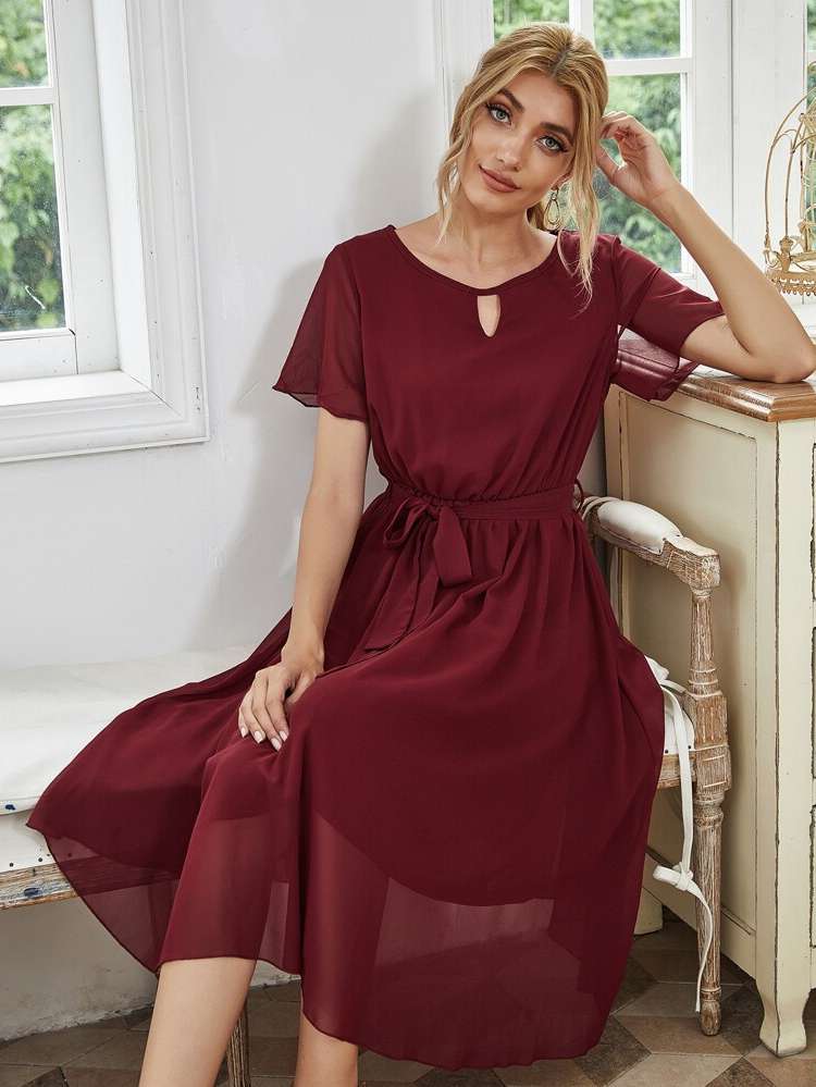 Plain Regular Fit Keyhole Neckline Women Dresses 1617