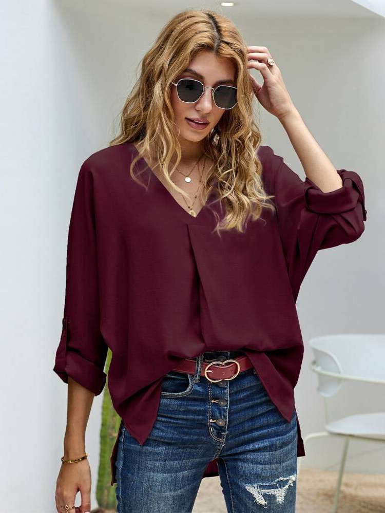 High Low Plain Regular Fit Long Sleeve Women Tops, Blouses  Tee 7547