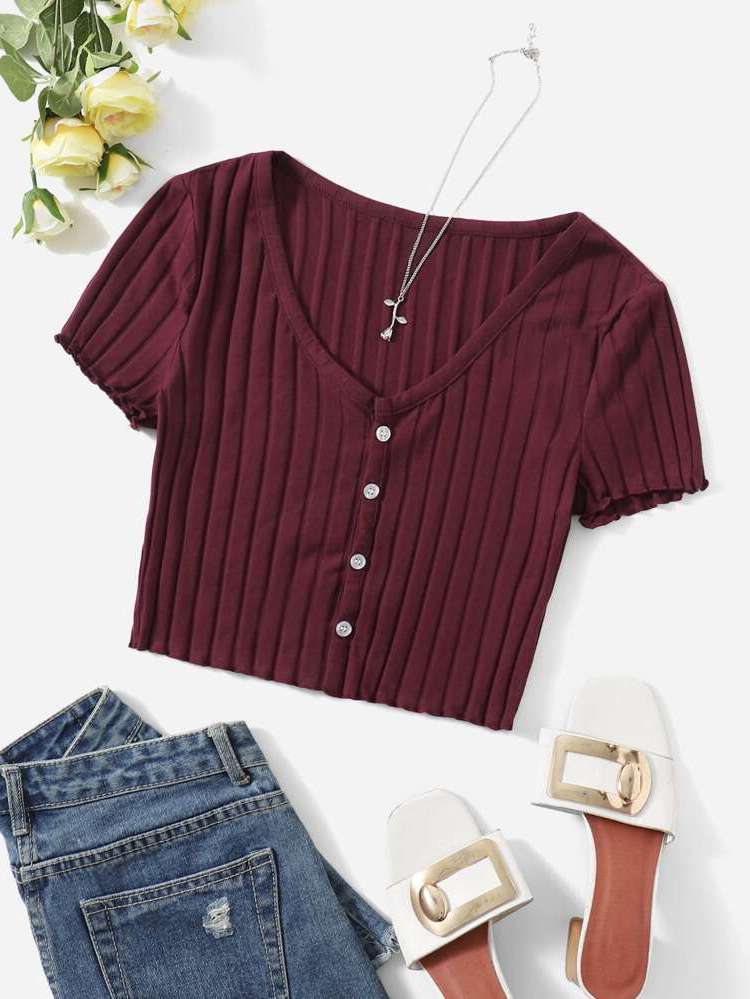 Maroon Lettuce Trim Short Sleeve Slim Fit Women Clothing 403