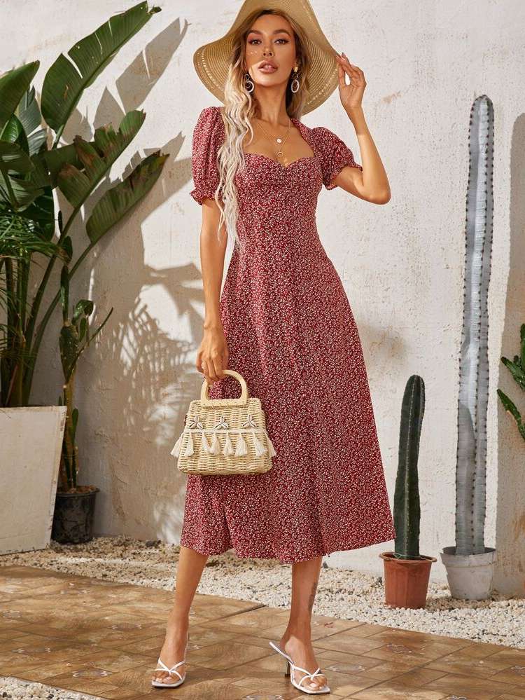 Plants Maroon Long Women Dresses 4822