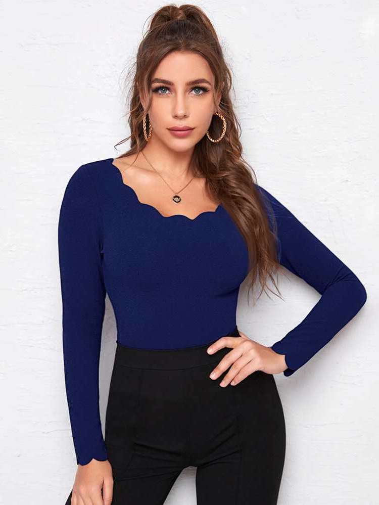 Long Sleeve Slim Fit Elegant Plain Women T-Shirts 1864