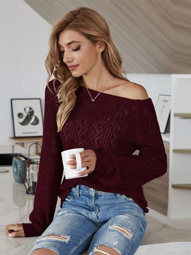  Casual Boat Neck Long Sleeve Women Sweaters 374