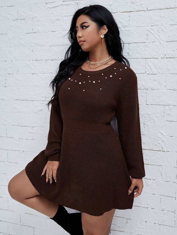 Maroon Regular Fit Round Neck Plain Plus Size Knitwear 7888