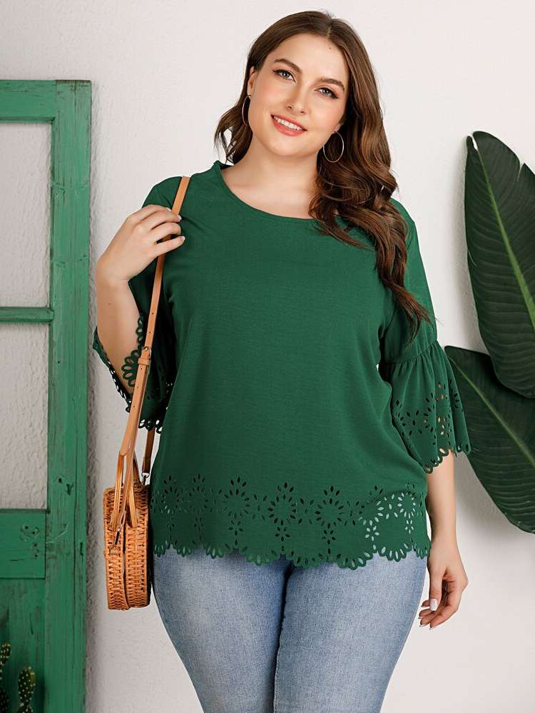 Scallop Casual Regular Fit Round Neck Plus Size Blouses 7290