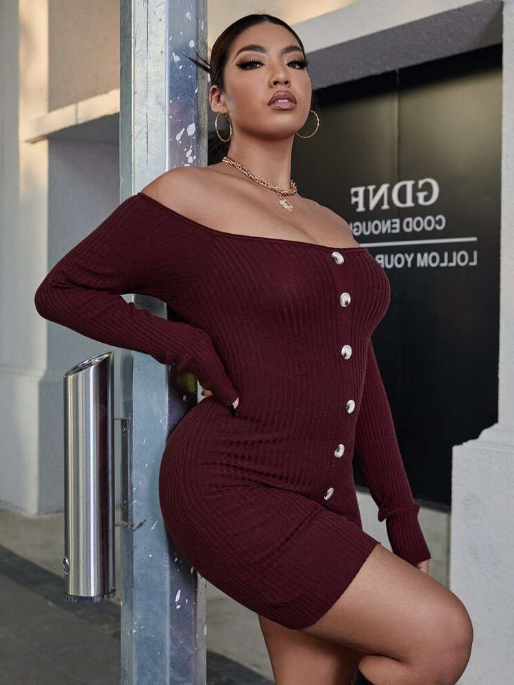 Off the Shoulder Plain Button Plus Size Sweater Dresses 560