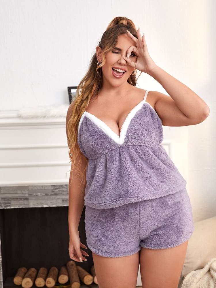  Spaghetti Strap Contrast Binding Plus Size Pajama Sets 3798