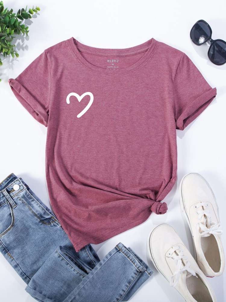 Round Neck Heart Short Sleeve Regular Women Clothing 9497