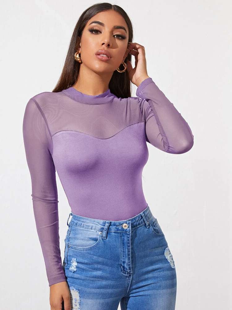 Slim Fit Long Sleeve Mauve Purple Women Tops, Blouses  Tee 2579