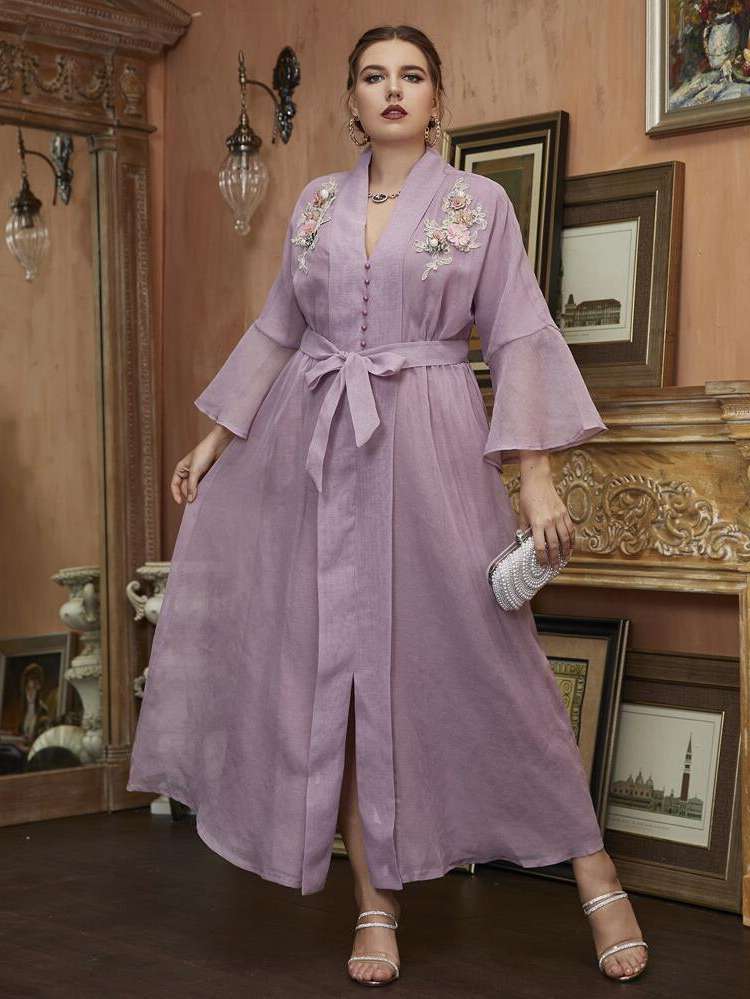 Elegant Mauve Purple V neck Women Plus Clothing 8326