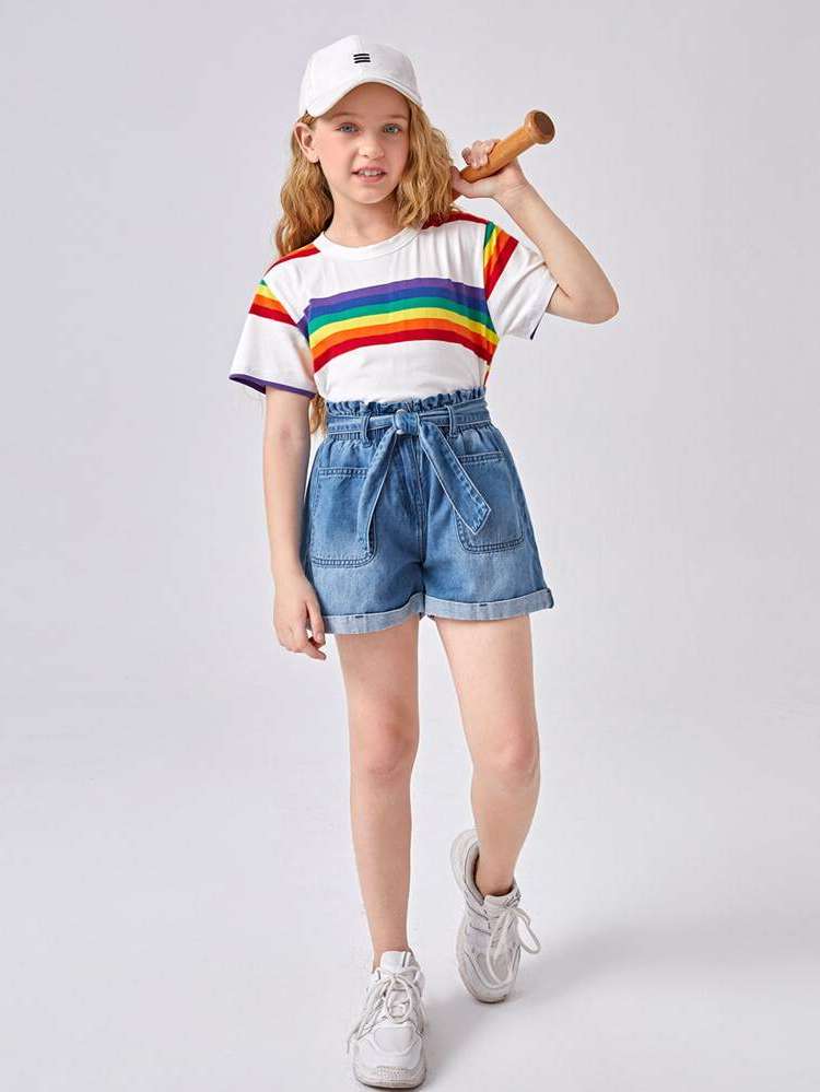 Plain  Belted Girls Denim Shorts 5230