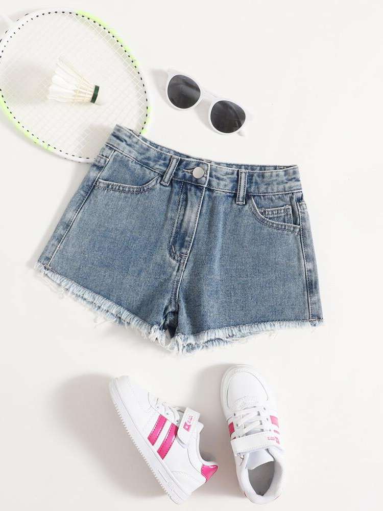  Embroidery Medium Wash Girls Denim Shorts 2109