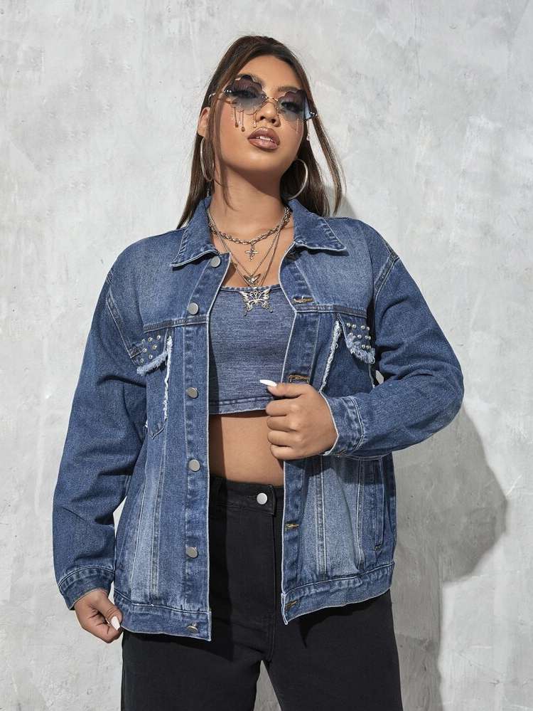 Medium Wash Plain Regular Plus Size Denim Jackets 3484