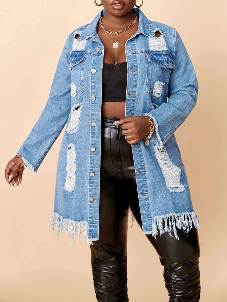  Regular Fit Long Sleeve Pocket Plus Size Denim Jackets 6959