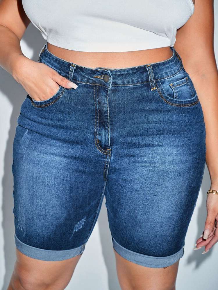  Skinny Button Plus Size Denim Shorts 5024