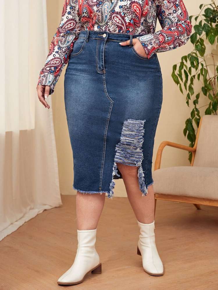 Midi Plain Plus Size Denim Skirts 9338