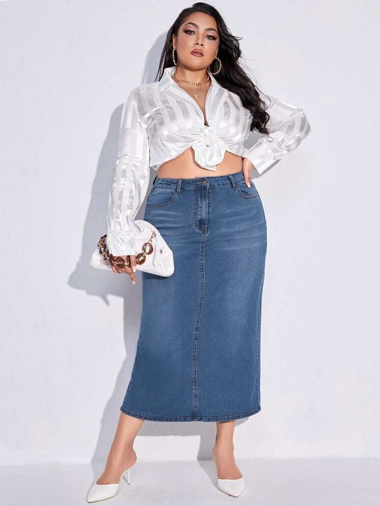 Medium Wash Button Plain Plus Size Denim Skirts 9185