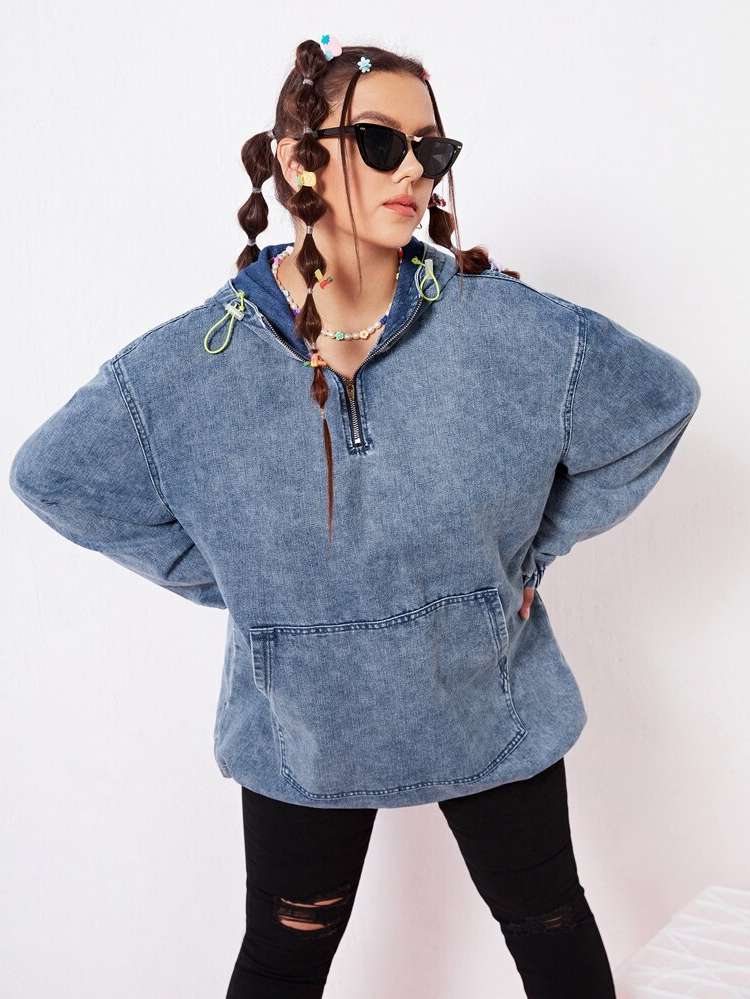 Plain Drawstring Oversized Hooded Plus Size Denim 209