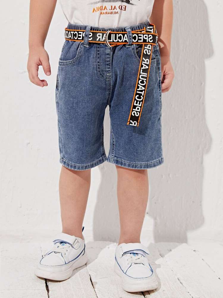  Regular Fit Belted Letter Toddler Boy Denim Shorts 8219