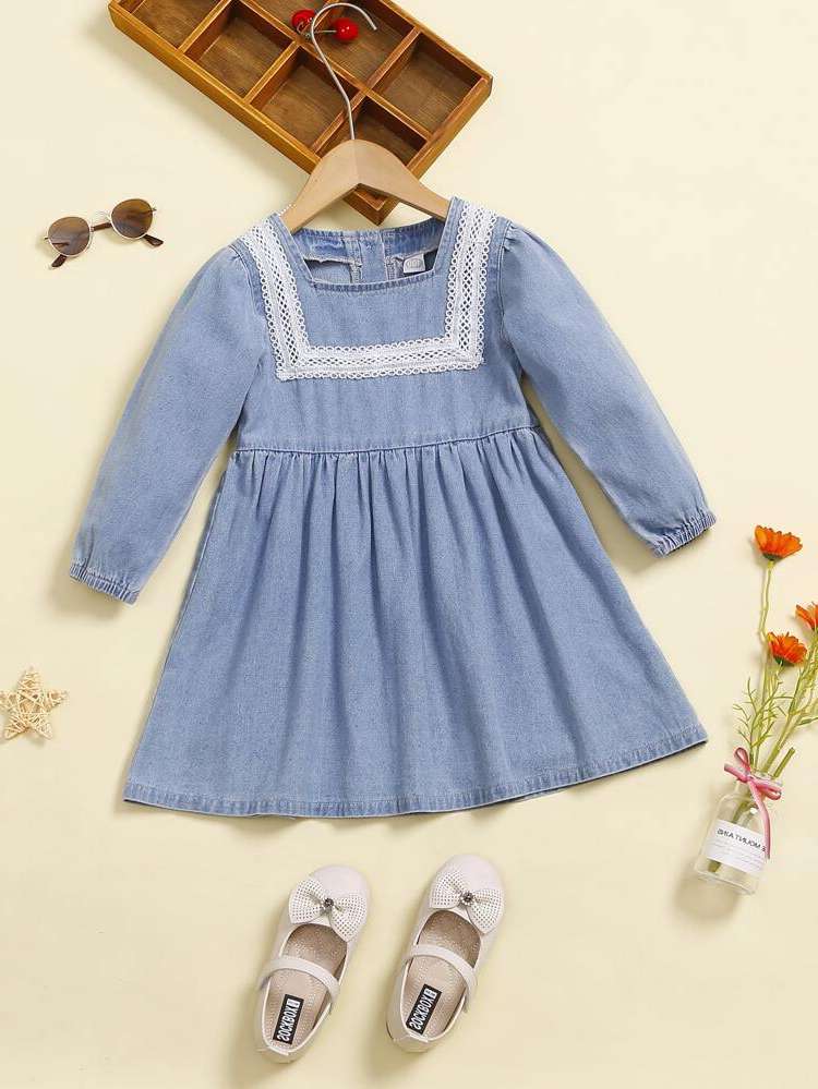 Contrast Lace Medium Wash Long Sleeve Cute Toddler Girl Denim Dresses 9924