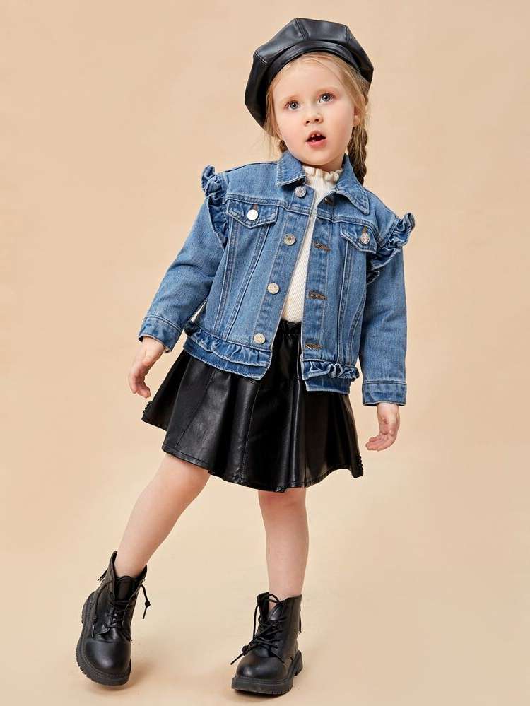 Medium Wash Regular Long Sleeve Plain Toddler Girl Denim Jackets  Coats 2144