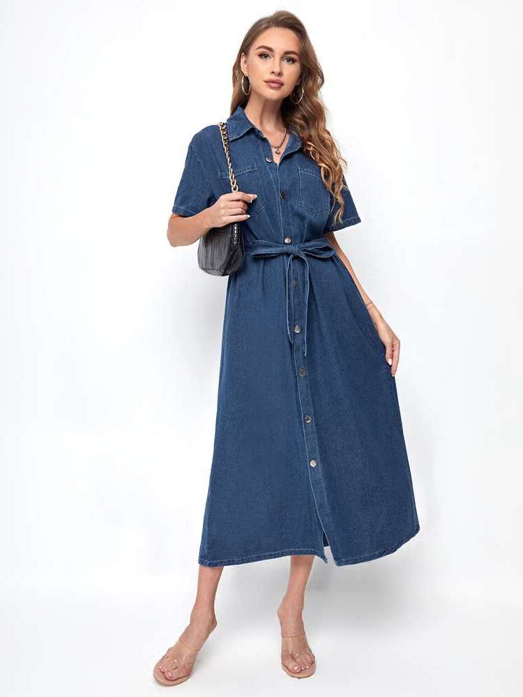 Medium Wash Regular Fit Plain Fake Pockets Women Denim Dresses 5908