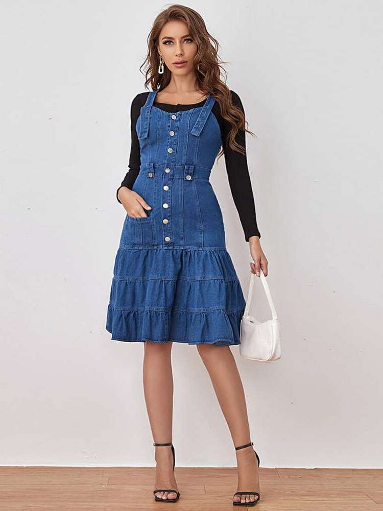 Straps Medium Wash Ruffle Hem Regular Fit Women Denim Dresses 7612