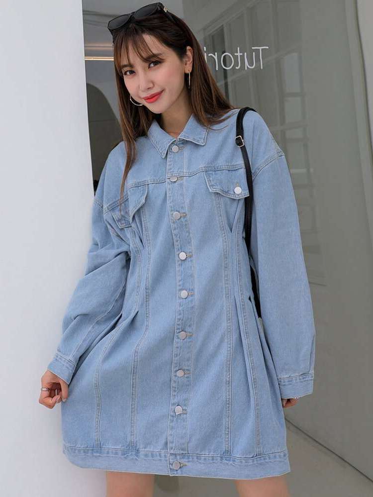 Short Collar Plain Women Denim Dresses 114